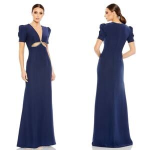Mac Duggal 2630 Plunge Neck Puff Sleeve Cut Out Gown Navy 8 UB
